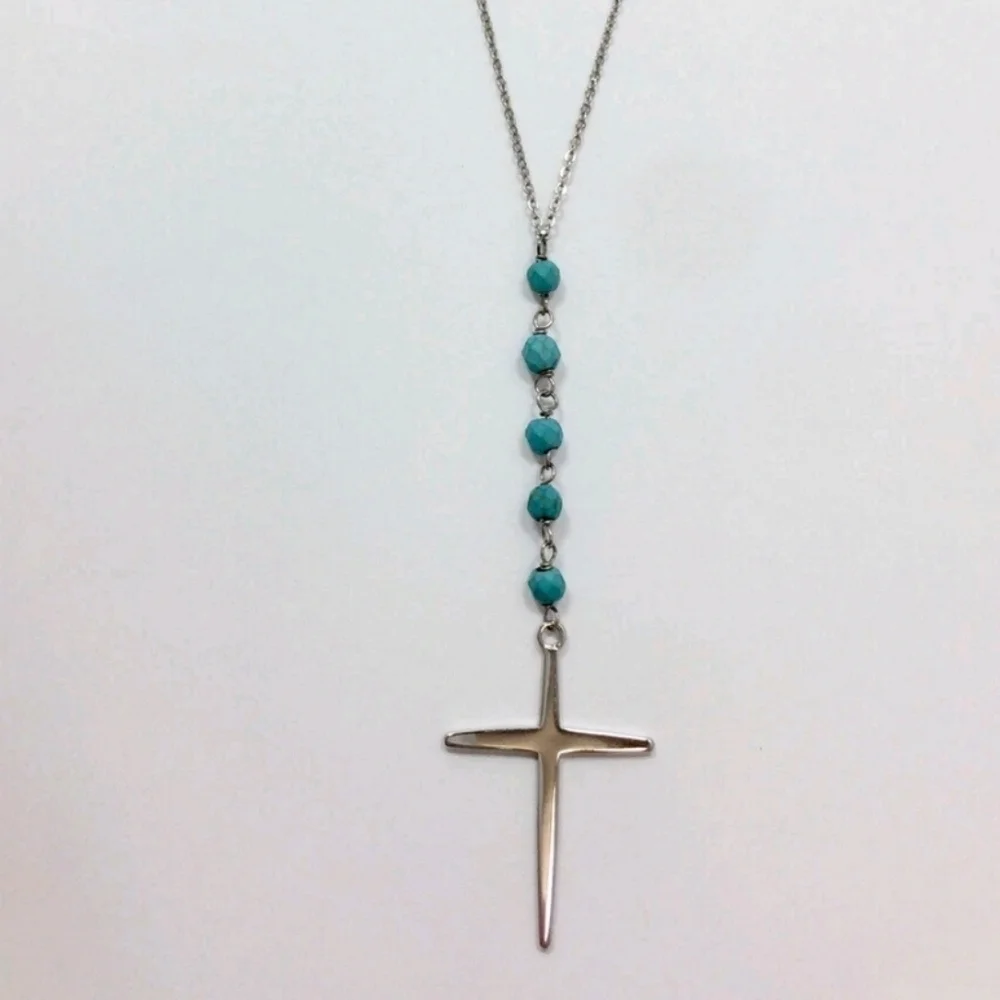 Silver Cross Necklace with Blue Beads